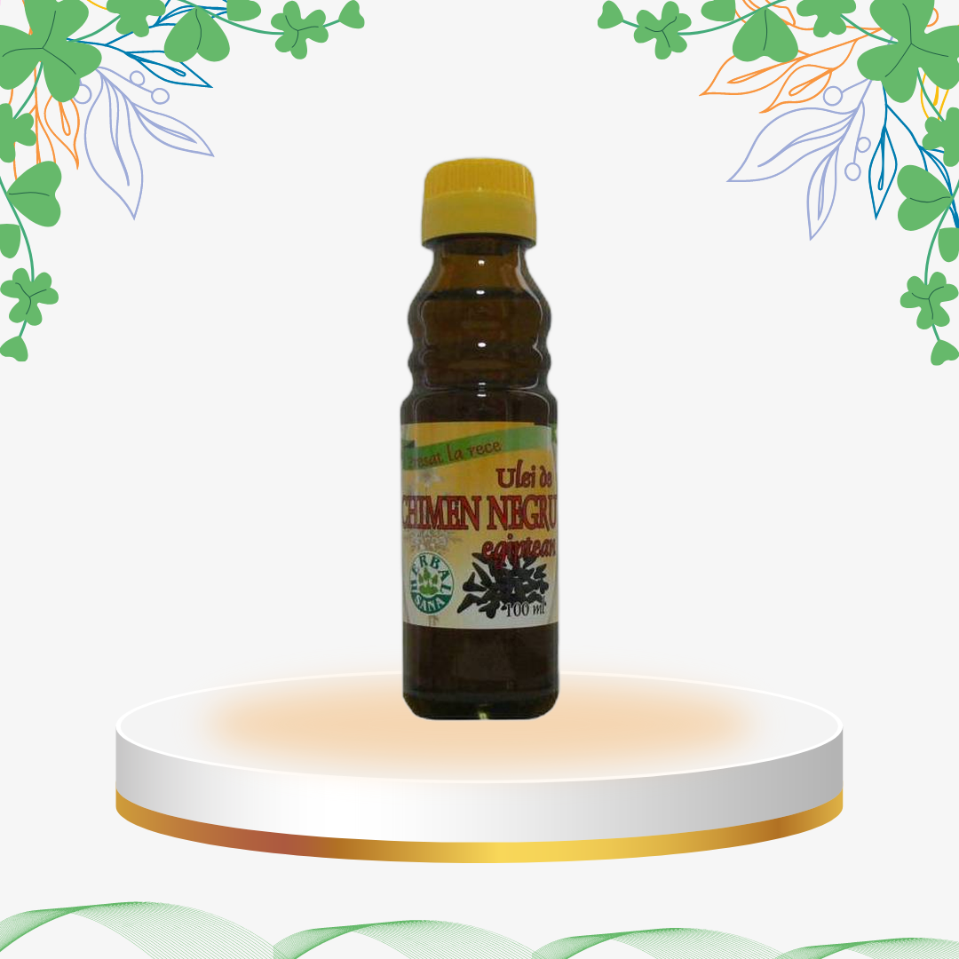 Ulei de chimen negru (Nigella sativa) pur, presat la rece, pentru uz intern și îngrijirea pielii.