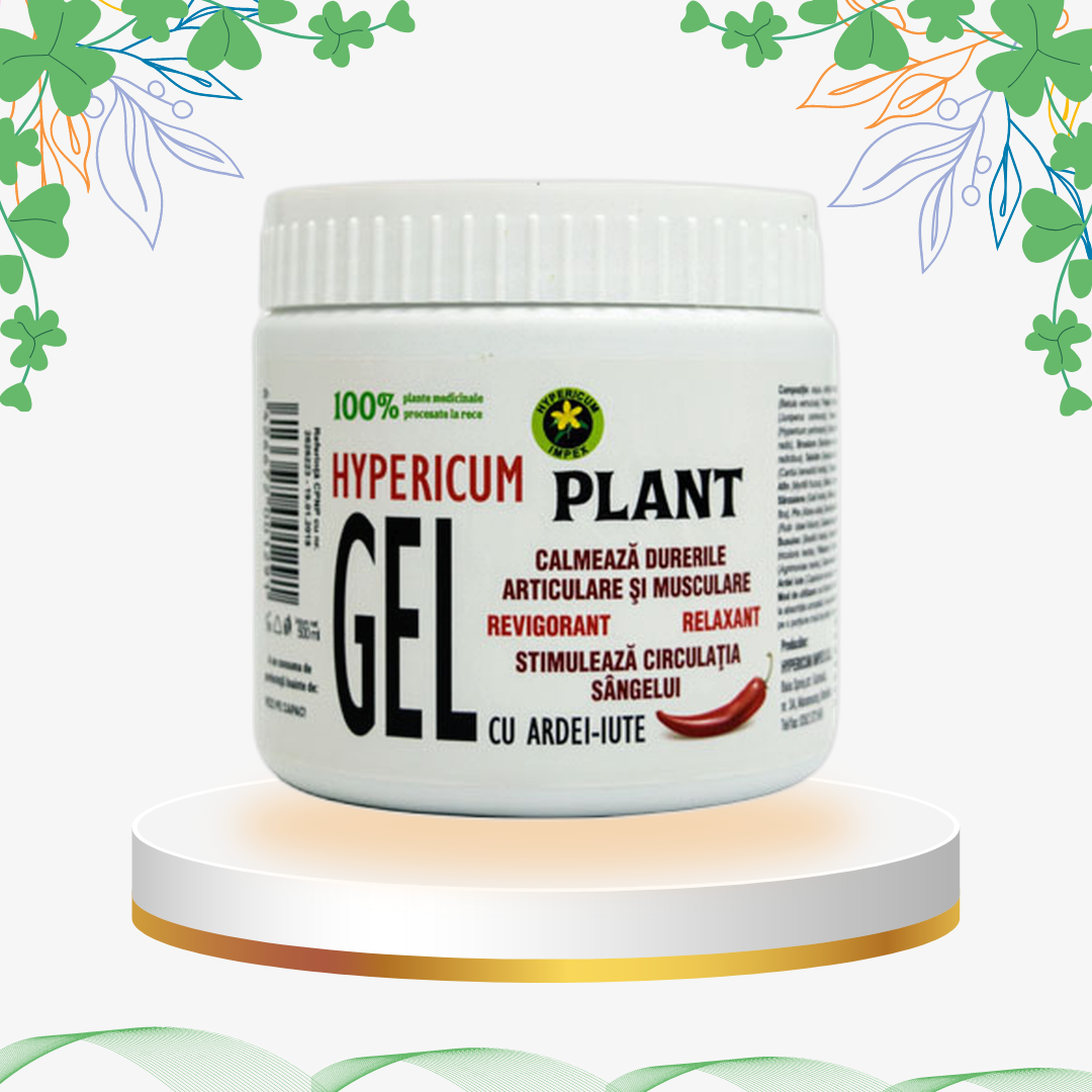 Gel Hypericum Plant cu ardei iute și extracte din plante medicinale, ambalaj de 500ml pentru masaj muscular și articular.