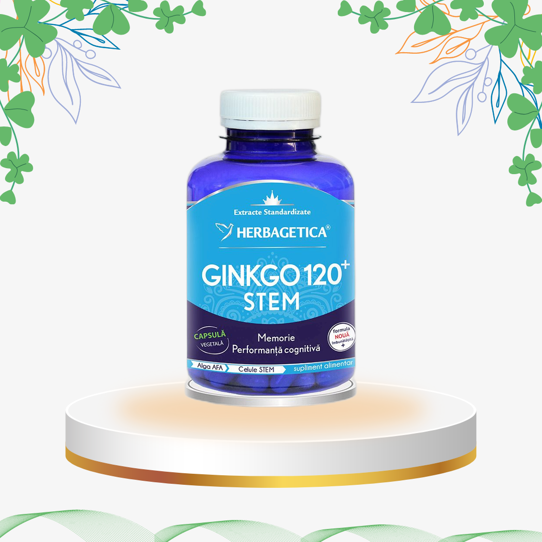 Supliment Ginkgo 120 STEM Herbagetica cu Ginkgo Biloba, Ginseng și Algă AFA, capsule pentru memorie și circulație cerebrală.
