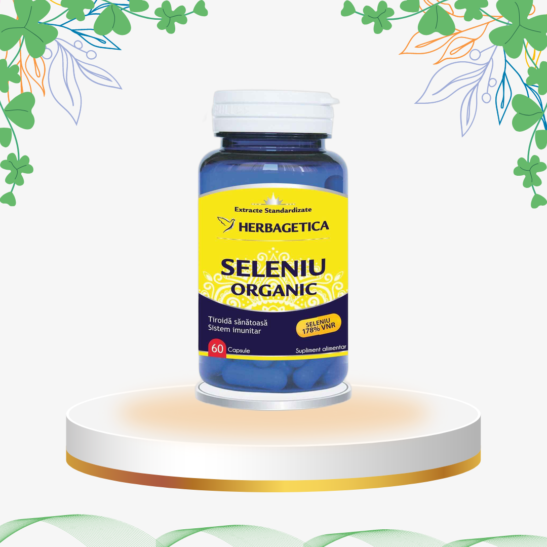 Supliment natural Seleniu Organic Herbagetica din drojdie de bere, capsule pentru imunitate, tiroidă și protecție antioxidantă.