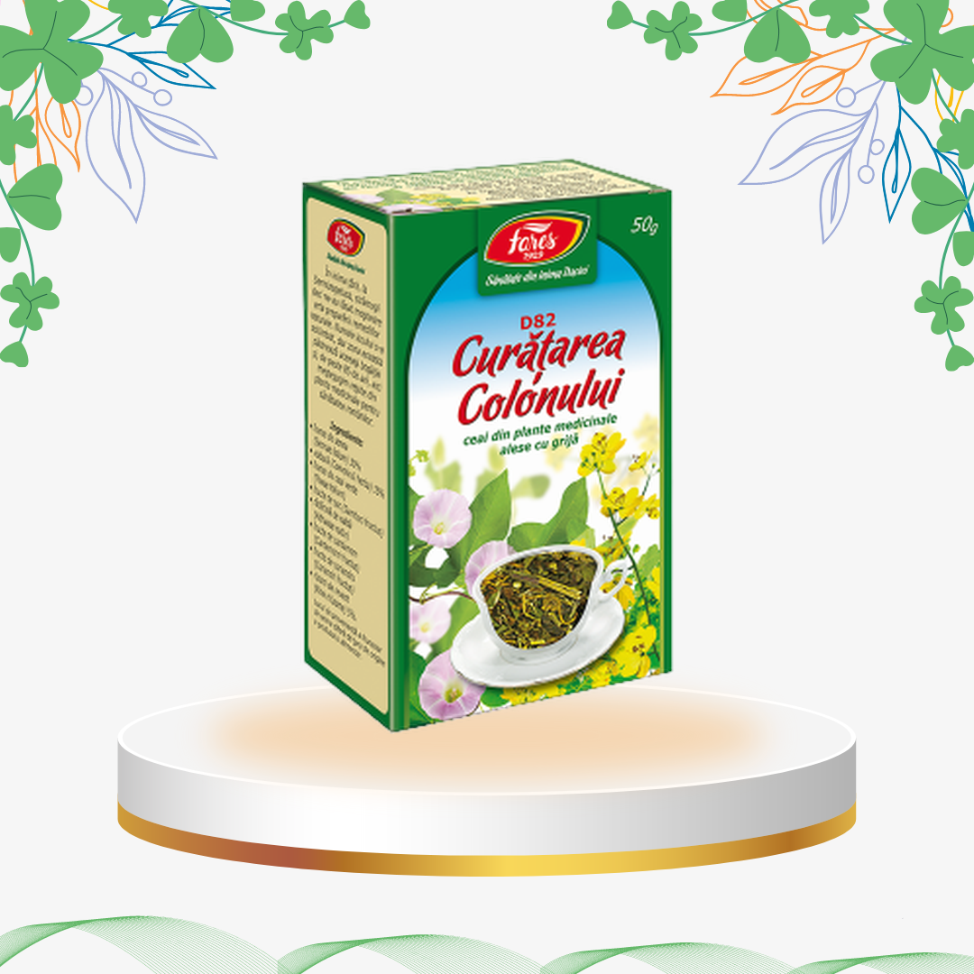 Ceai natural pentru detoxifiere și tranzit intestinal cu frunze de Senna, volbură și ceai verde, ideal pentru curățarea colonului.