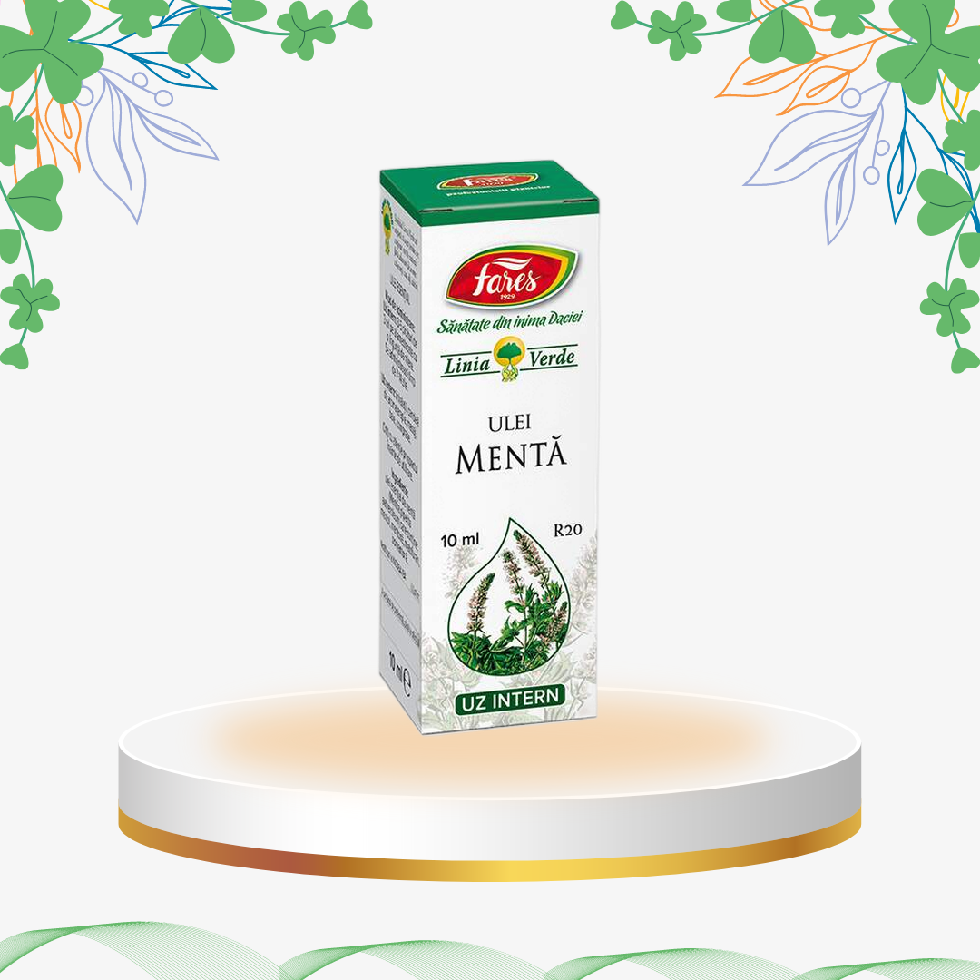 Ulei esențial de Mentă piperită 100% pur și natural, obținut prin distilare cu aburi, ideal pentru respirație ușoară și digestie.