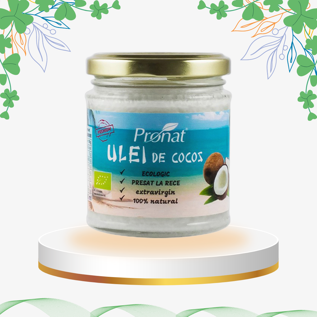 Ulei de cocos ecologic extra virgin presat la rece, produs bio multifuncțional pentru gătit, hidratarea pielii și îngrijirea părului.
