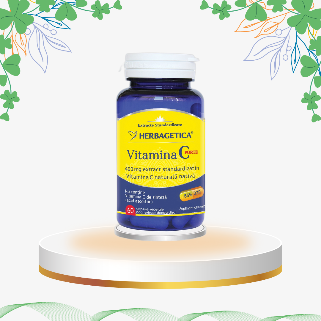 Supliment natural Herbagetica Vitamina C Forte cu extract de Acerola, capsule pentru imunitate puternică și producția de colagen.