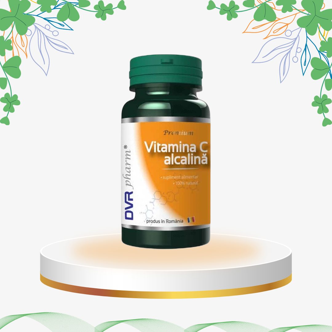 Supliment natural Vitamina C Alcalină cu extract de acerola, dolomită și portocal amar, capsule pentru imunitate puternică și protecție antioxidantă.