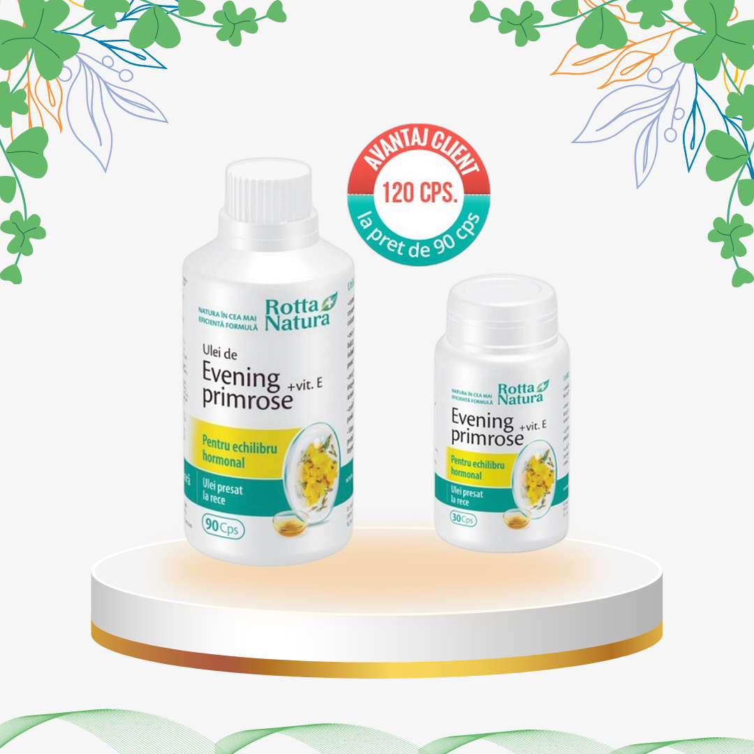 Supliment alimentar cu ulei de Evening Primrose (Luminița nopții) și Vitamina E, capsule pentru echilibru hormonal feminin, fertilitate și sănătatea pielii.