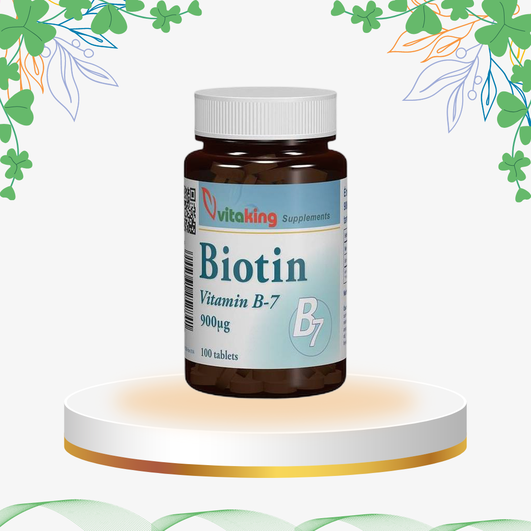 Supliment alimentar cu Biotină (Vitamina B7) 900 mcg, comprimate pentru susținerea sistemului nervos, a memoriei și pentru menținerea sănătății părului și a pielii.