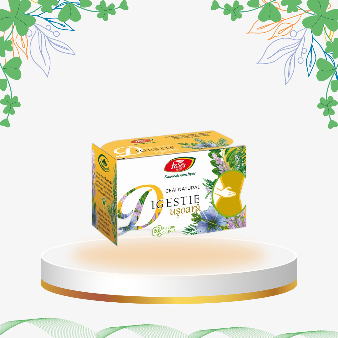 Ceai digestiv natural la plic cu fenicul, anason, senna, mentă și lemn dulce, formulă antispastică pentru digestie lentă, balonare și indigestie.