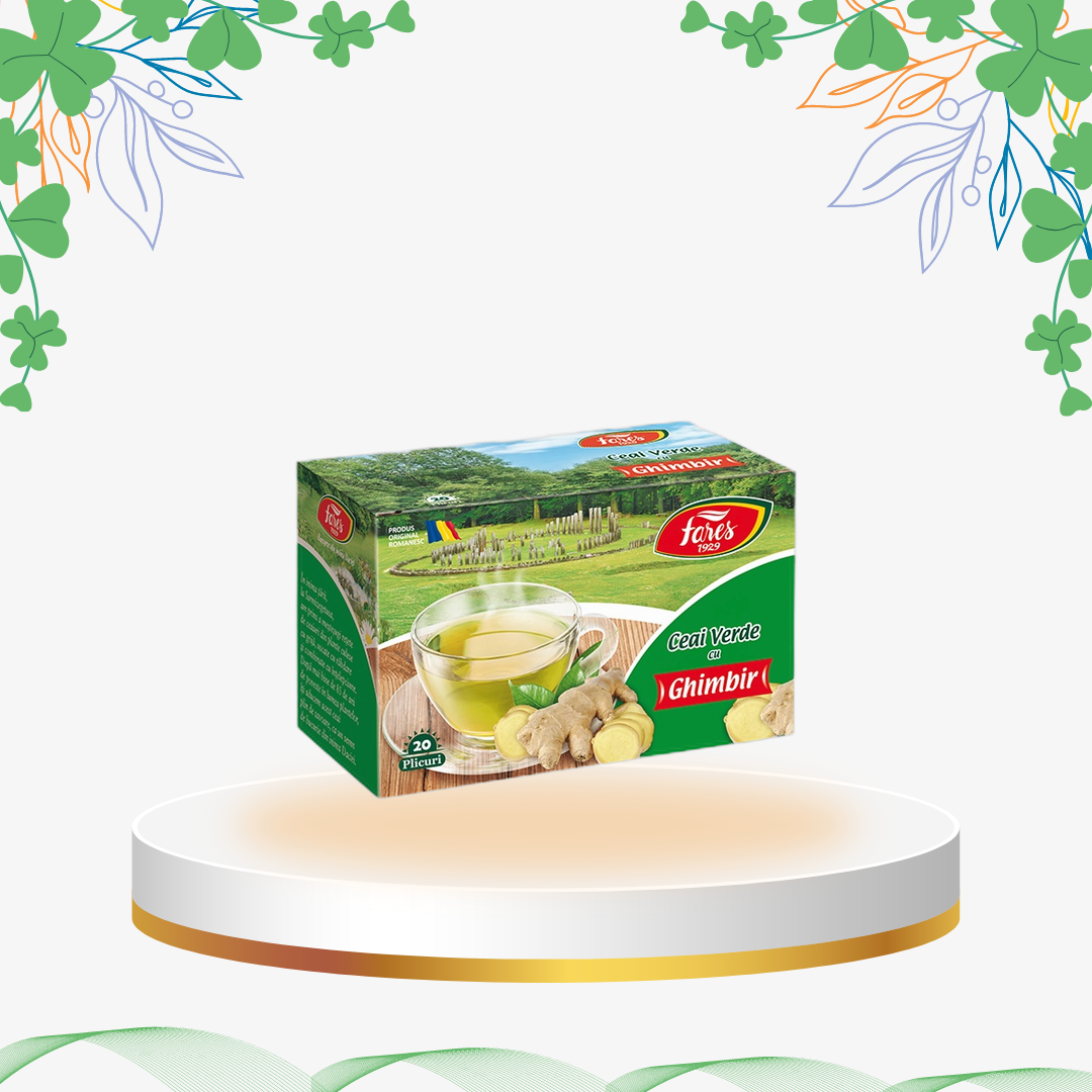 Ceai verde cu ghimbir, măceșe și coji de lămâie la plic, infuzie naturală cu efect revigorant, tonic și hidratant, fără coloranți sintetici.