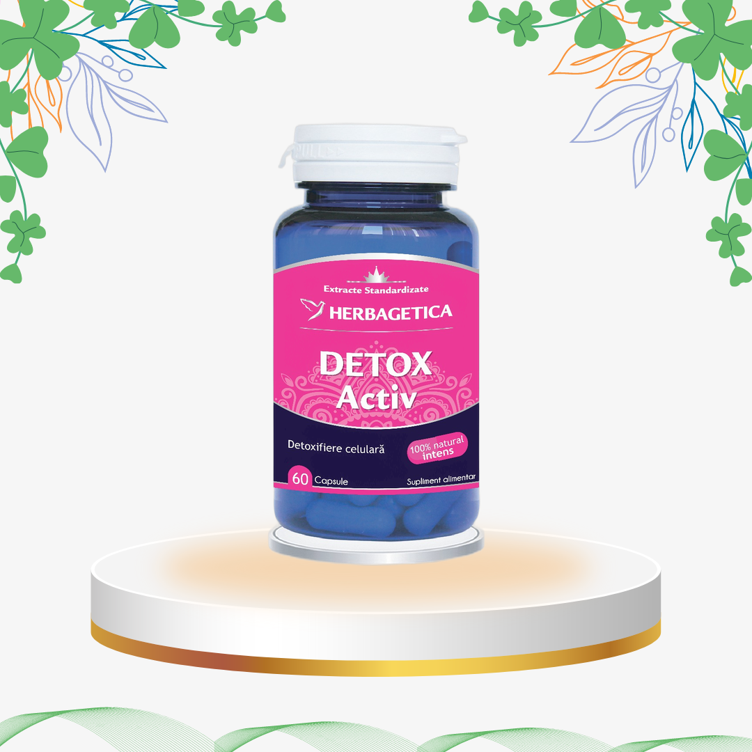 Supliment natural Herbagetica Detox Activ cu extract de Triphala, mătase de porumb, cozi de cireșe și anghinare, capsule pentru curățarea colonului și ficatului.