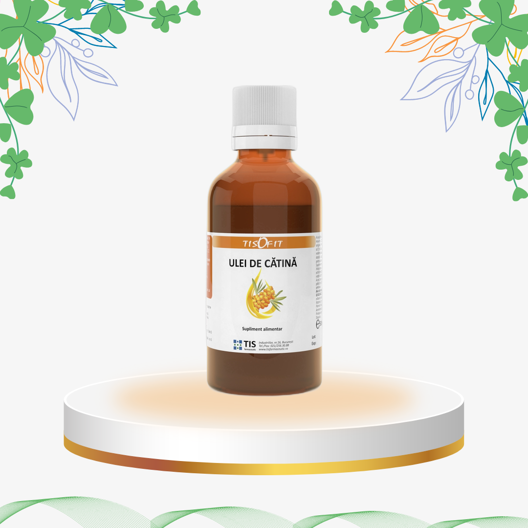 Ulei din fructe de cătină macerate în ulei de floarea-soarelui, bogat în vitaminele A, E și beta-caroten pentru imunitate și efect antioxidant.