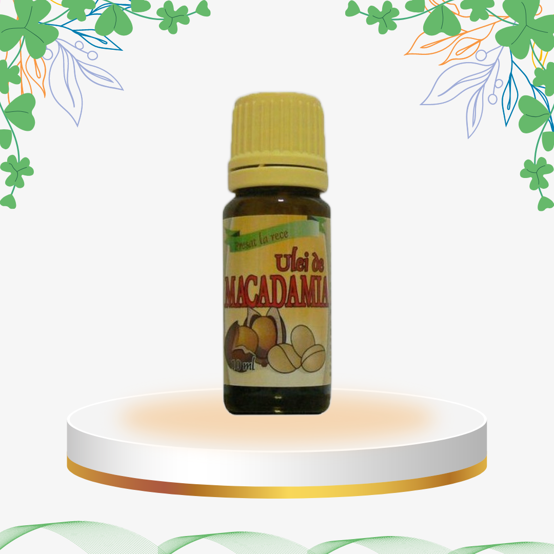 Ulei de macadamia obținut prin presare la rece, bogat în omega-7, vitamine și antioxidanți, ideal pentru vergeturi, cicatrici, masaj sau uz intern cardiovascular.
