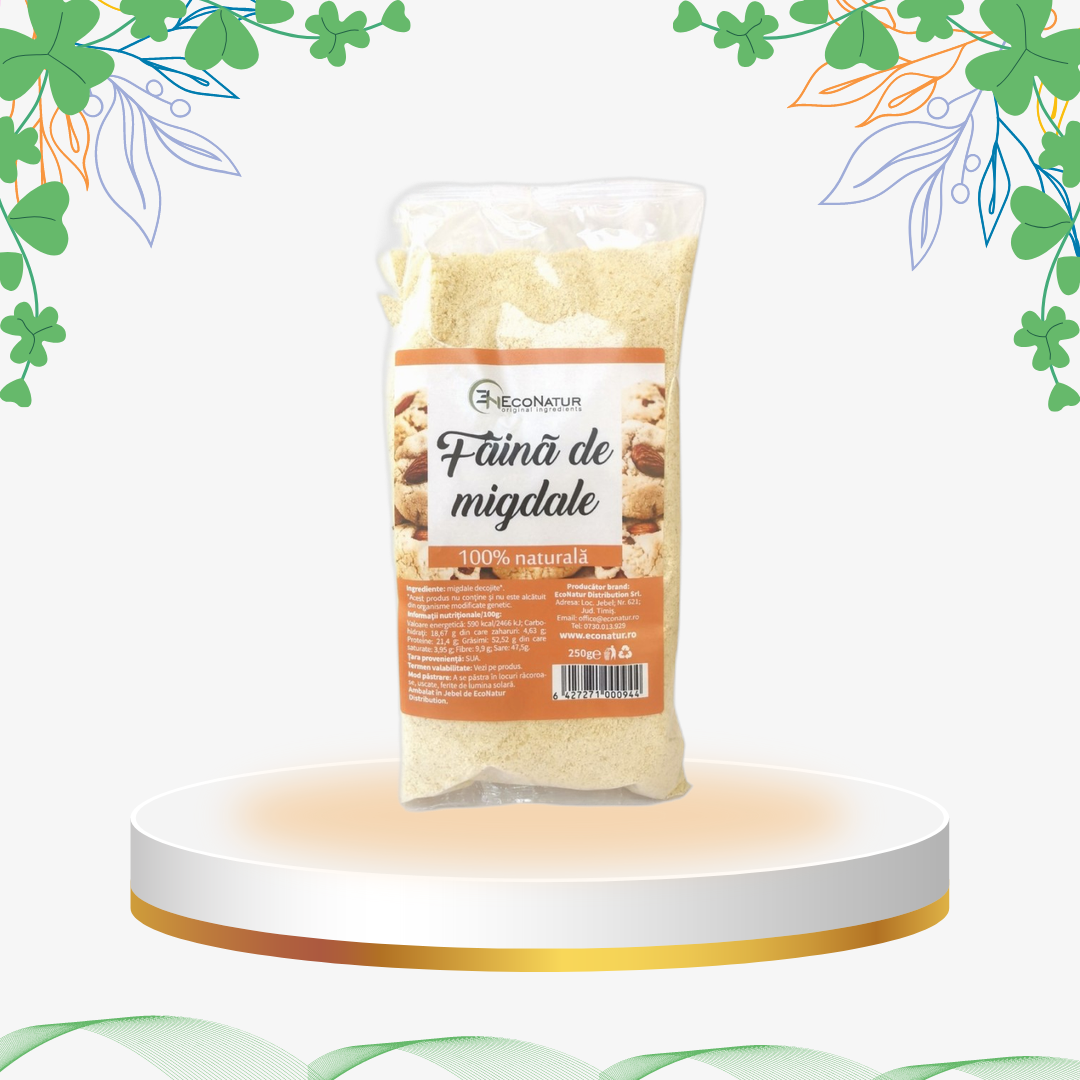 Făină de migdale decojite, 100% naturală și fără OMG, ideală pentru copt, produse de panificație și prepararea unor deserturi delicioase fără gluten.