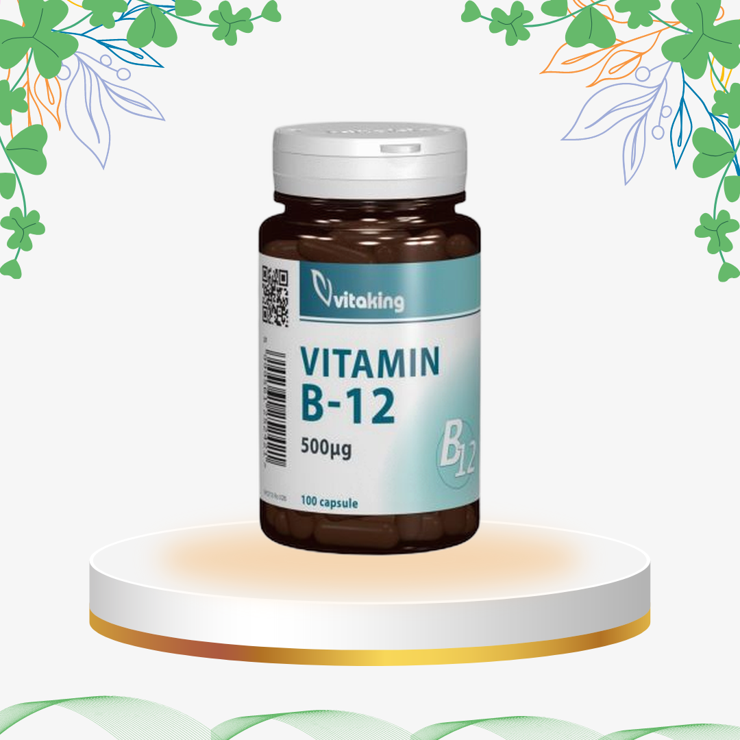 Supliment alimentar cu Vitamina B12 (cianocobalamină) 500 mcg, capsule pentru protecția sistemului nervos, formarea globulelor roșii și susținerea memoriei.