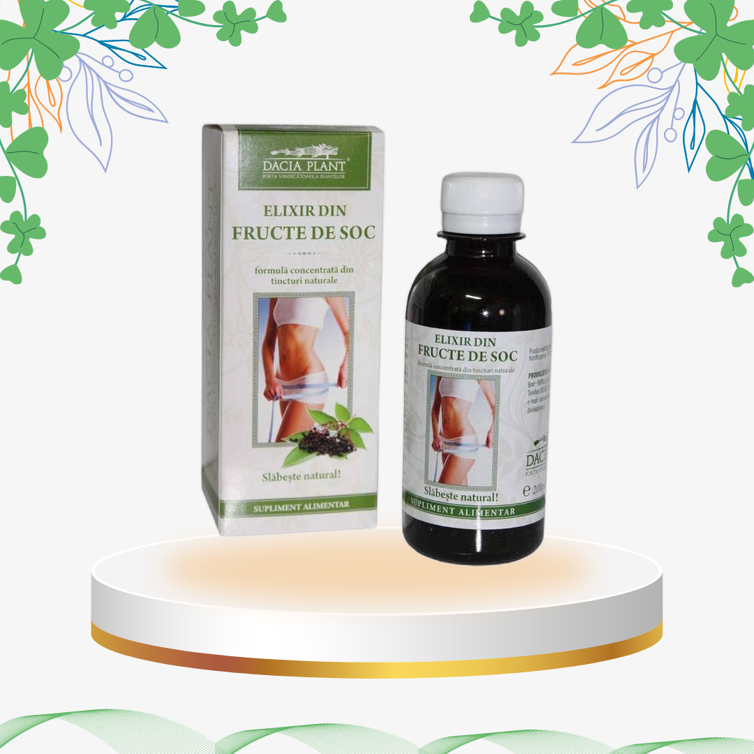 Tinctură din fructe de soc cu acțiune detoxifiantă și diuretică, recomandată pentru cure de slăbire, accelerarea tranzitului și eliminarea retenției de apă.
