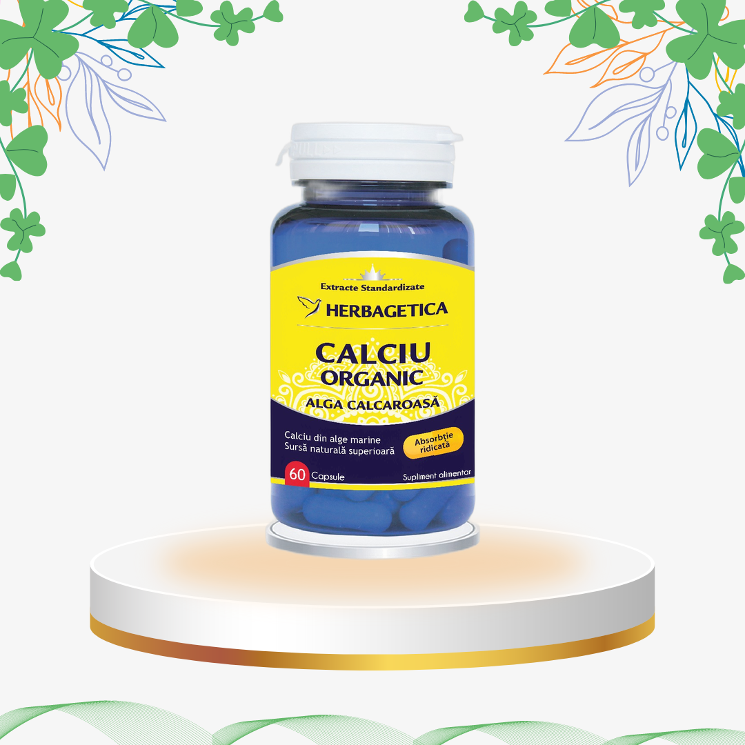 Supliment Calciu Organic Herbagetica din alge marine calcaroase, cu magneziu, formulă cu asimilare rapidă pentru întărirea oaselor, dinților și a sistemului muscular.