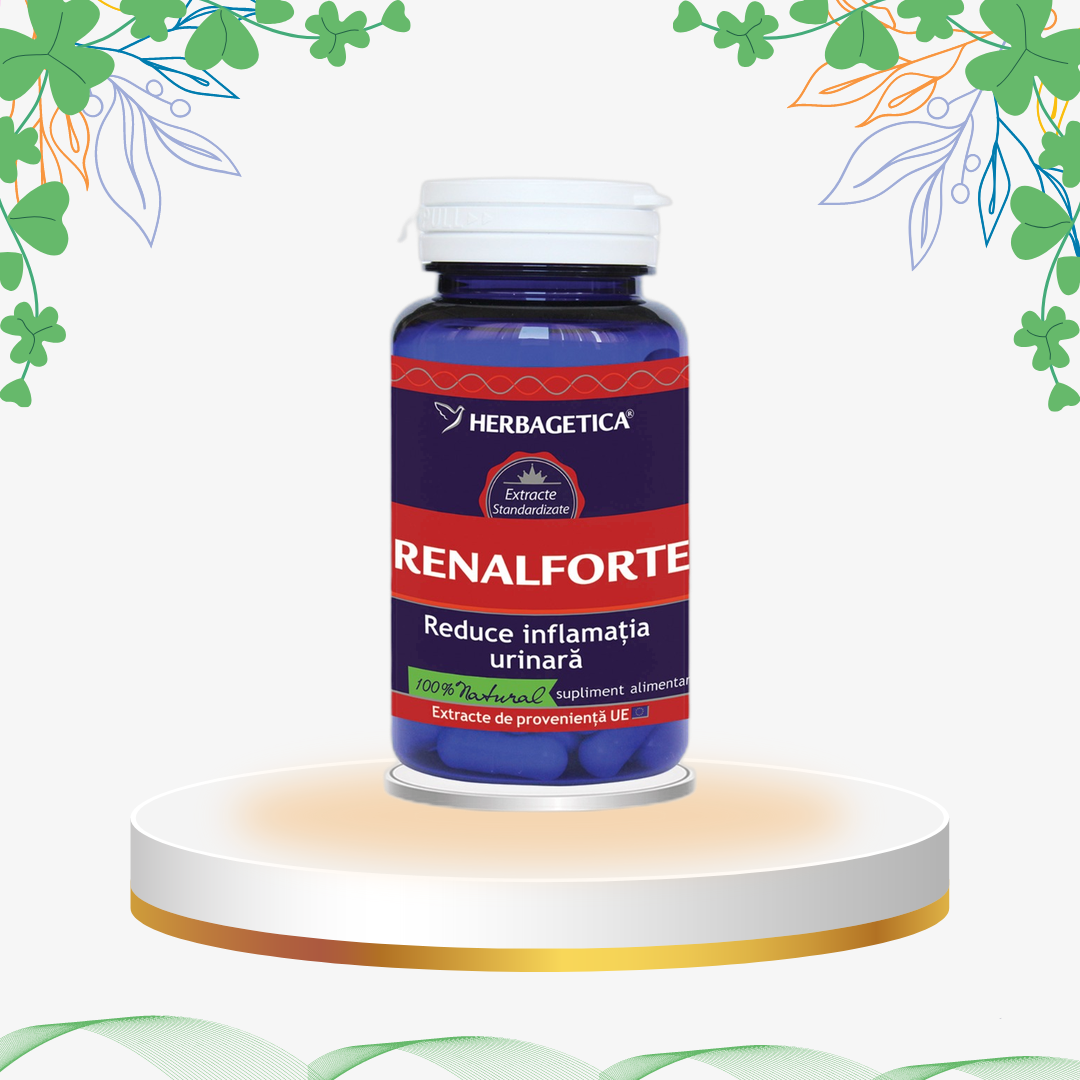 Supliment natural Renal Forte Herbagetica cu strugurii-ursului, mătase de porumb și coada-calului, cu acțiune antiseptică și diuretică pentru sănătatea rinichilor.