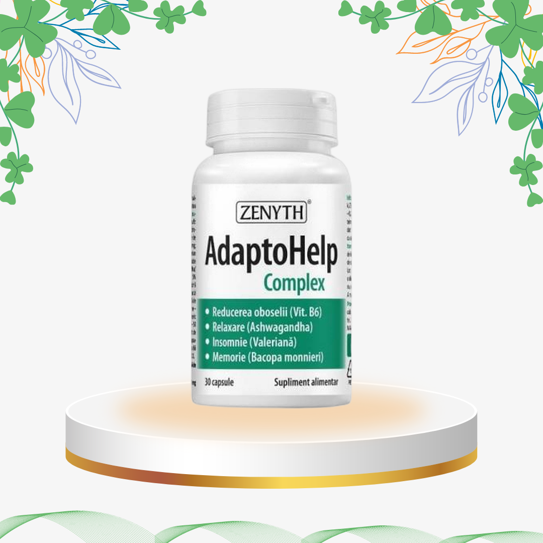 Supliment AdaptoHelp Complex cu Bacopa, Ashwagandha și Ginseng siberian, formulă adaptogenă pentru memorie, concentrare și reducerea oboselii la adulți și copii.