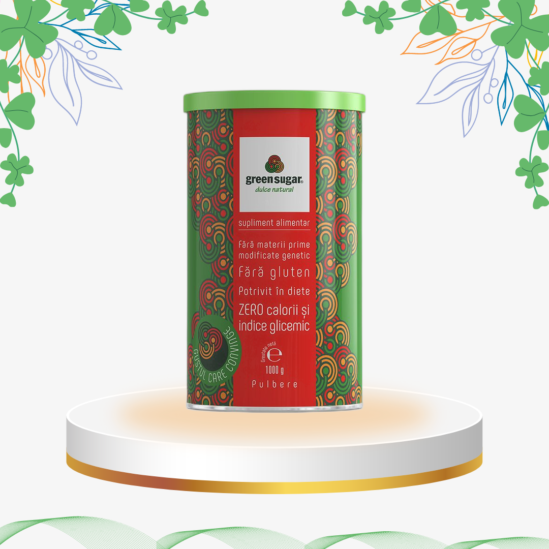 Îndulcitor natural Green Sugar cu Eritritol și Ștevia, 0 calorii, putere de îndulcire egală cu a zahărului, stabil la coacere și ideal pentru dieta diabeticilor.