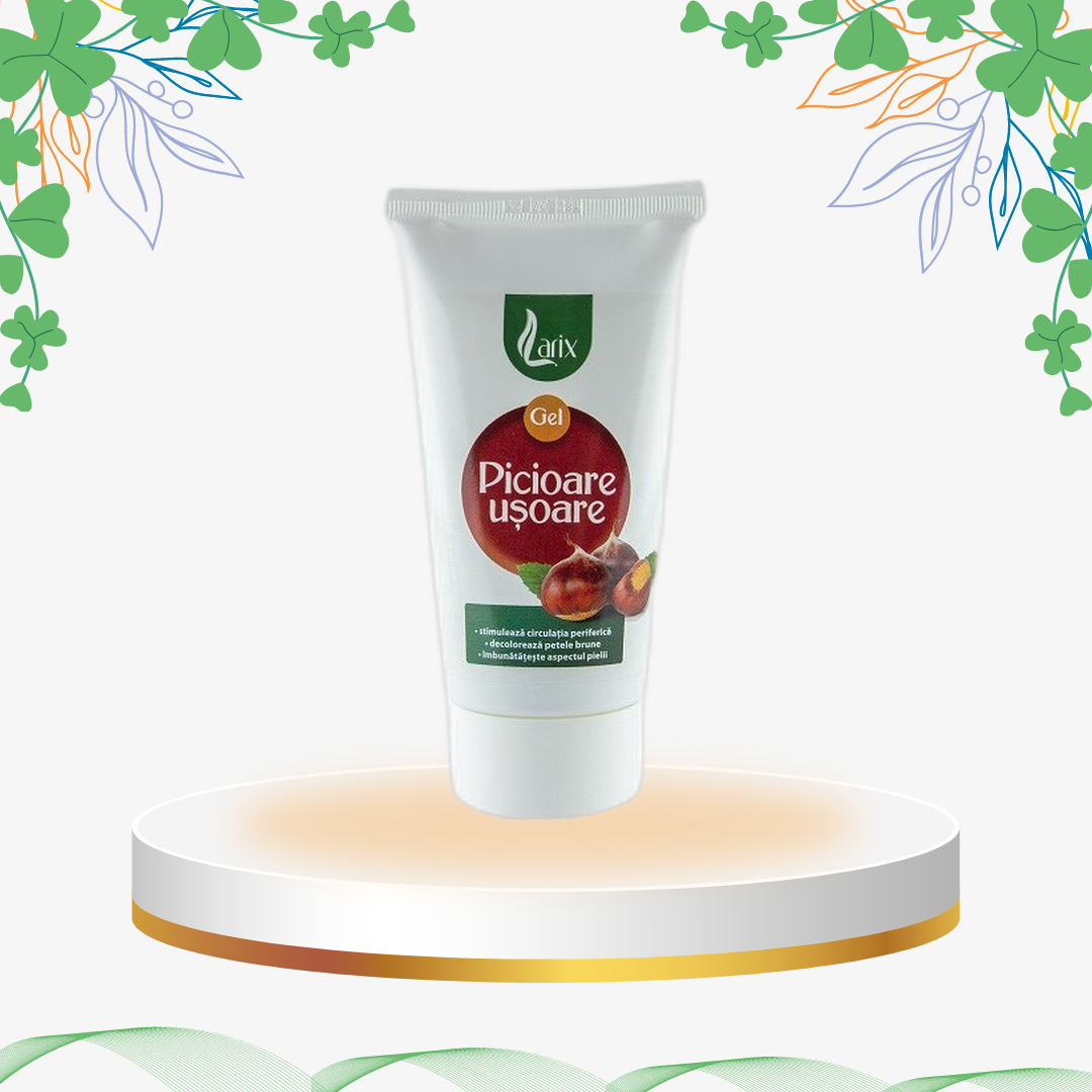 Gel pentru picioare obosite produs în România, cu extracte de castan, hamamelis, viță-de-vie și ghimpe, formulă revigorantă pentru stimularea circulației și elasticitatea venelor.