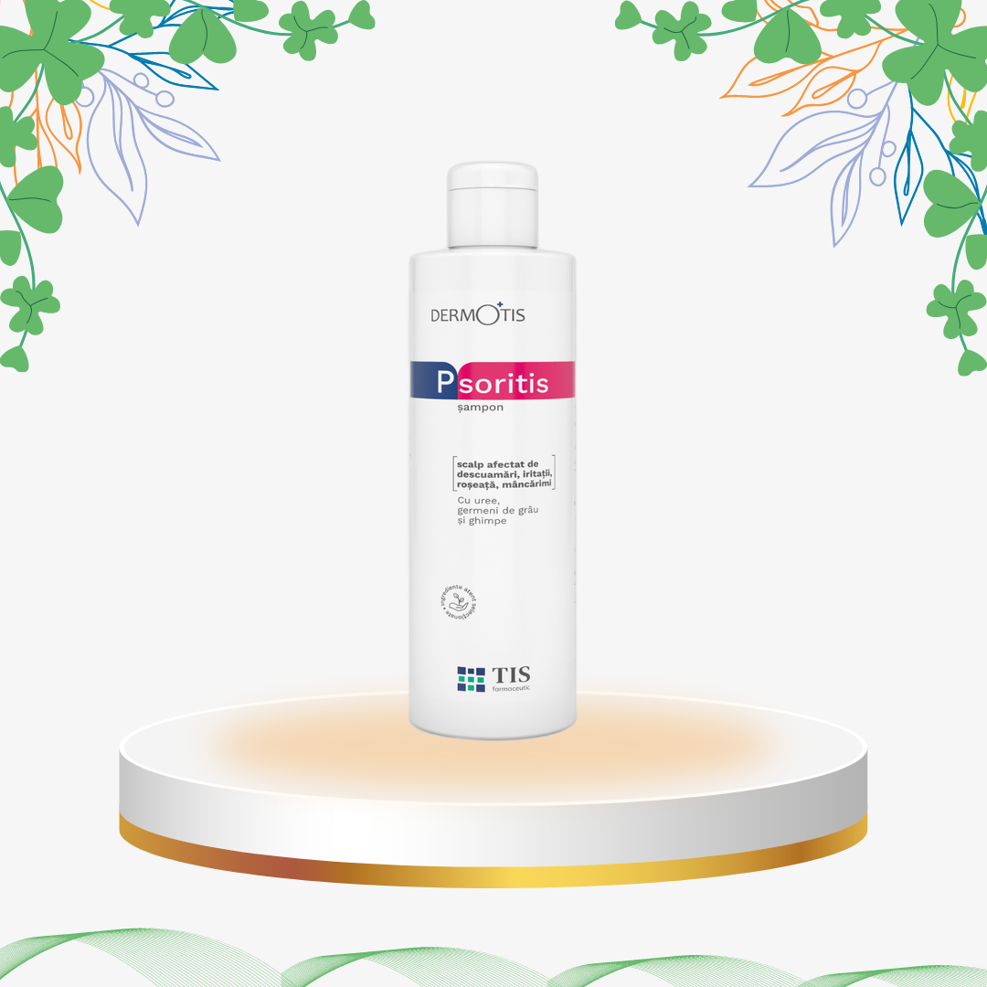 Șampon dermatologic pentru scalp cu psoriazis și dermatită seboreică, formulă cu uree, acid lactic, germeni de grâu și ghimpe pentru îndepărtarea scuamelor și regenerarea părului.