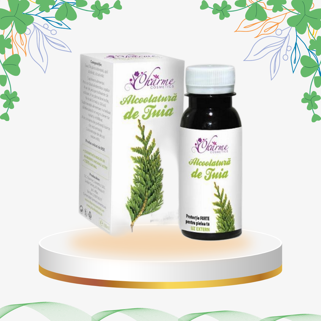 Alcoolatură de Tuia produsă în România, extract natural din Thuja occidentalis cu proprietăți antifungice, antivirale și cicatrizante, ideală pentru negi, bătături și infecții cutante.