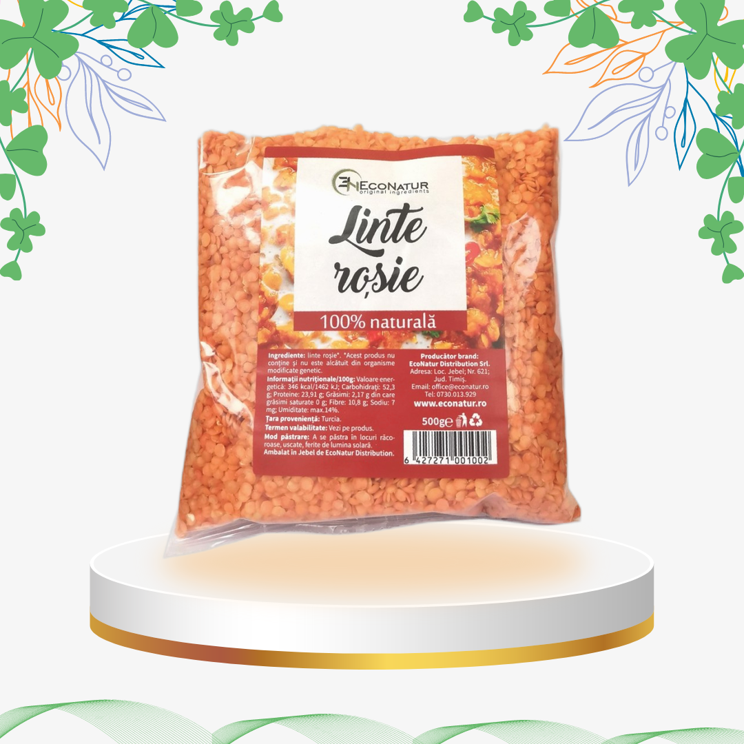 Linte roșie naturală, sursă bogată de proteine vegetale și nutrienți esențiali, fără organisme modificate genetic, ideală pentru o dietă echilibrată.