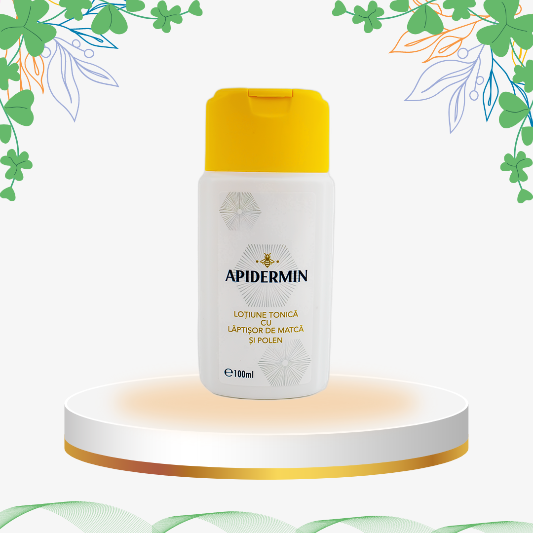 Loțiune tonică Apidermin realizată în România, un răsfăț api-cosmetic cu lăptișor de matcă și polen, bogată în vitaminele B, C, D și E pentru tonifierea pielii, activarea circulației și prevenirea ridurilor.