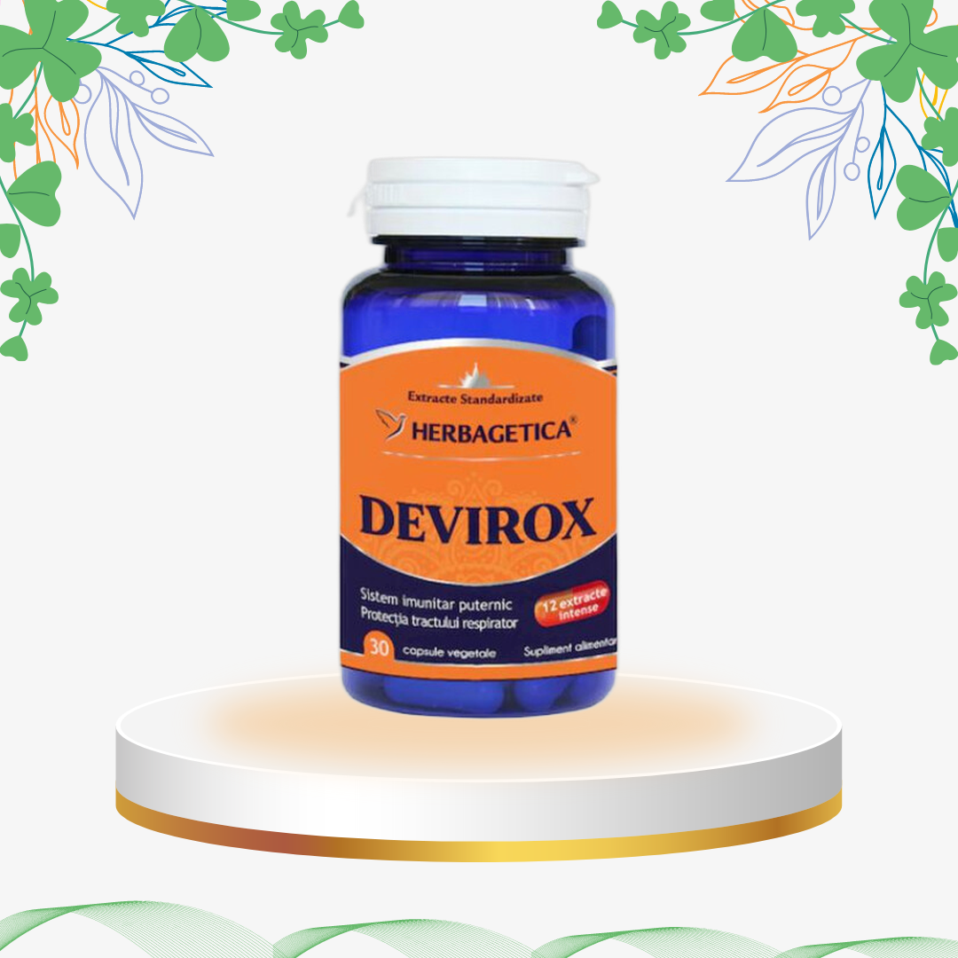 Supliment antiviral Devirox de la Herbagetica, formulă complexă cu 12 extracte naturale precum Astragalus, Ganoderma și Gheara-mâței, îmbogățit cu Zinc, Vitamina C și D3 pentru protecția sistemului respirator.