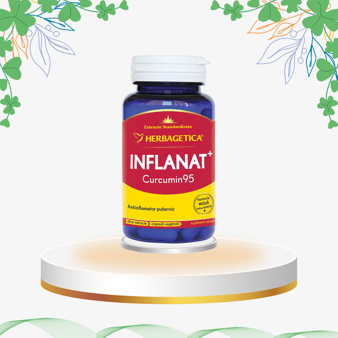 Supliment natural Inflanat Curcumin de la Herbagetica, bazat pe Curcumin95 C3 Complex, Boswellia, Salcie și Ghimbir, formulă complexă cu proprietăți antiinflamatoare și antioxidante pentru articulații, mușchi și sistem respirator.