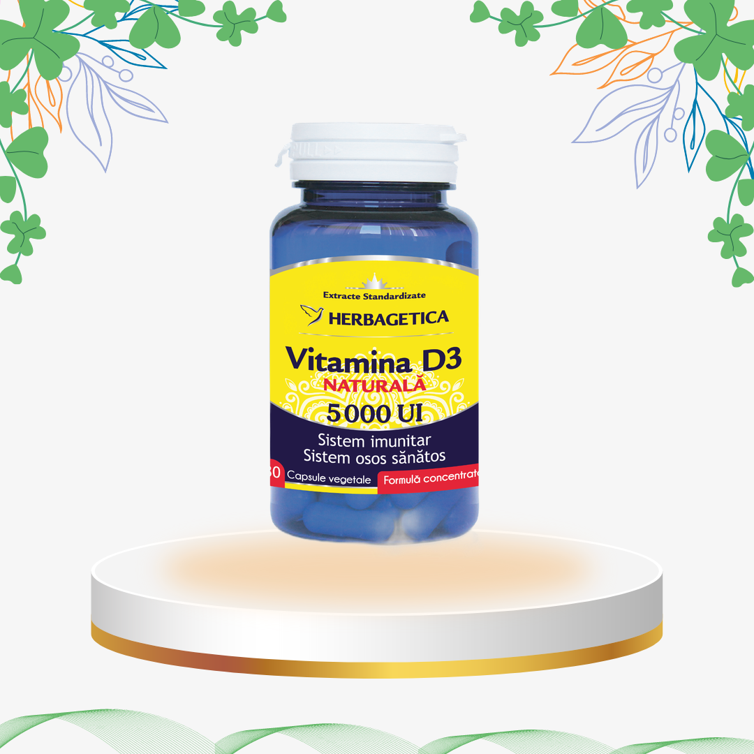 Supliment alimentar Vitamina D3 5000 UI extrasă natural din lanolină (lână de oaie), combinată cu pulbere de măceș pentru o absorbție ridicată, esențială pentru fortificarea sistemului imunitar și sănătatea sistemului osos.