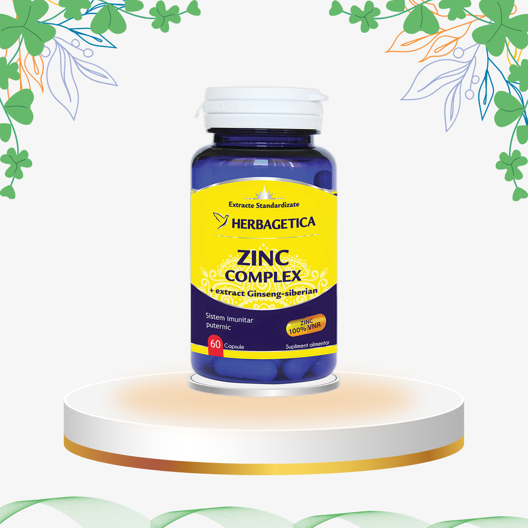Supliment Zinc Complex de la Herbagetica cu Zinc extras din drojdie de bere, vitamina C naturală, extract de dovleac și ginseng siberian, formulă optimă pentru imunitate, fertilitate și sănătatea prostatei.