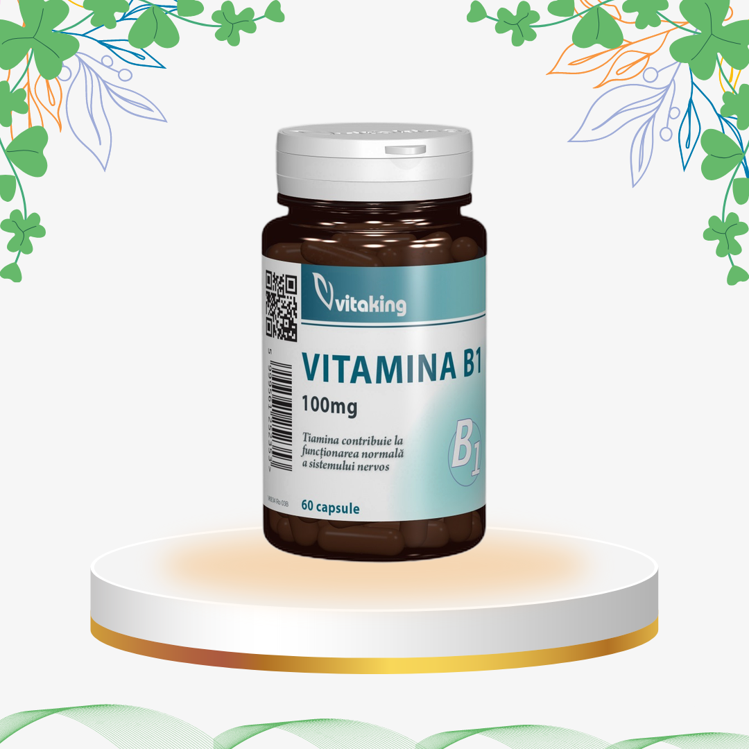 Supliment alimentar cu Vitamina B1 (Clorhidrat de tiamină), supranumită vitamina performanței intelectuale și a inimii, esențială pentru sistemul nervos, metabolismul glucidelor și reducerea oboselii.