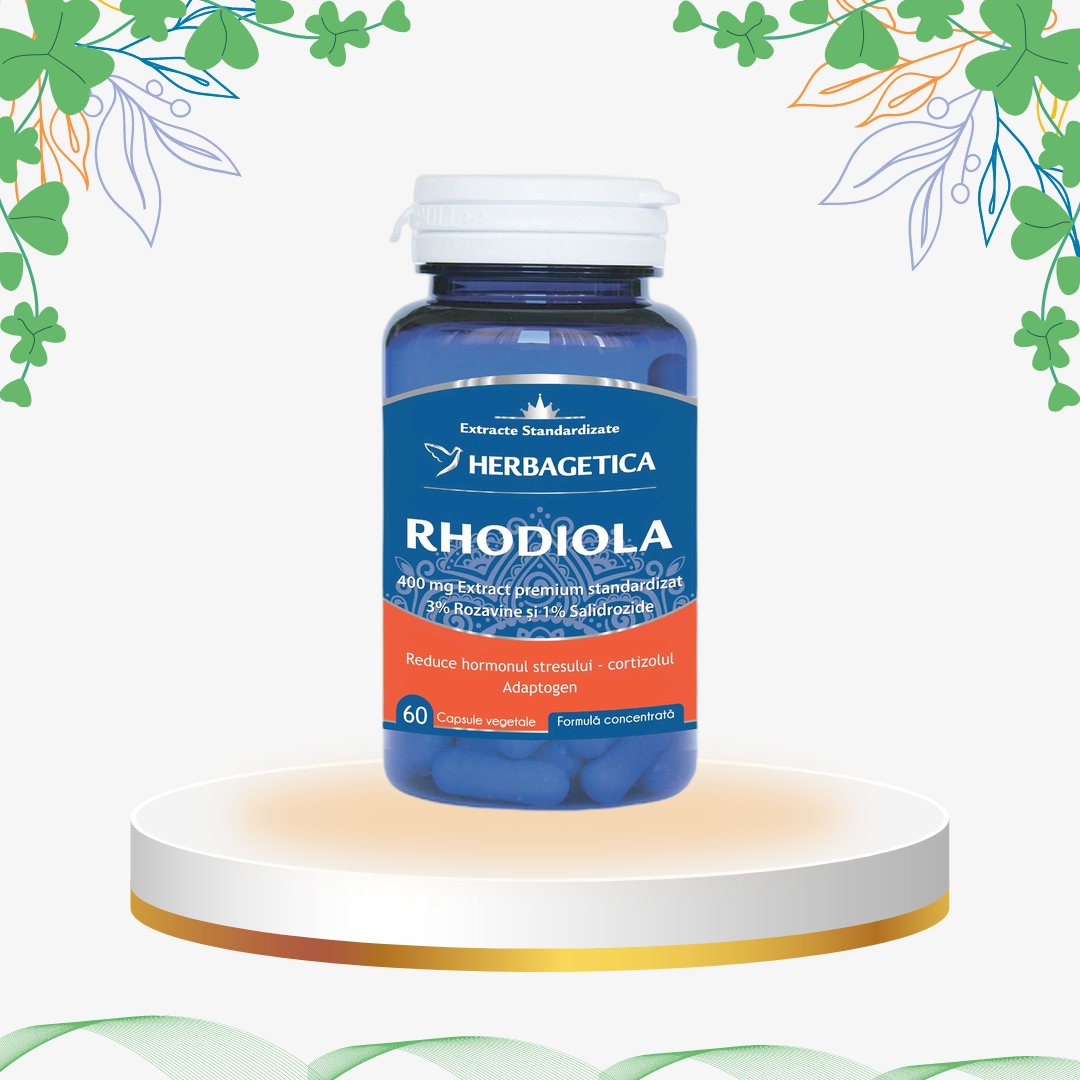 Supliment alimentar Herbagetica Rhodiola cu extract pur de Rhodiola Rosea standardizat în rozavine și salidrozide, îmbogățit cu vitamina C naturală din Acerola pentru gestionarea stresului și oboselii.