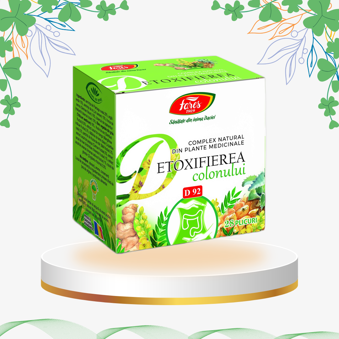 Complex natural pentru detoxifierea colonului cu semințe de psyllium, in, argilă verde și fructe exotice, formulă eficientă pentru tranzit, constipație și slăbire.