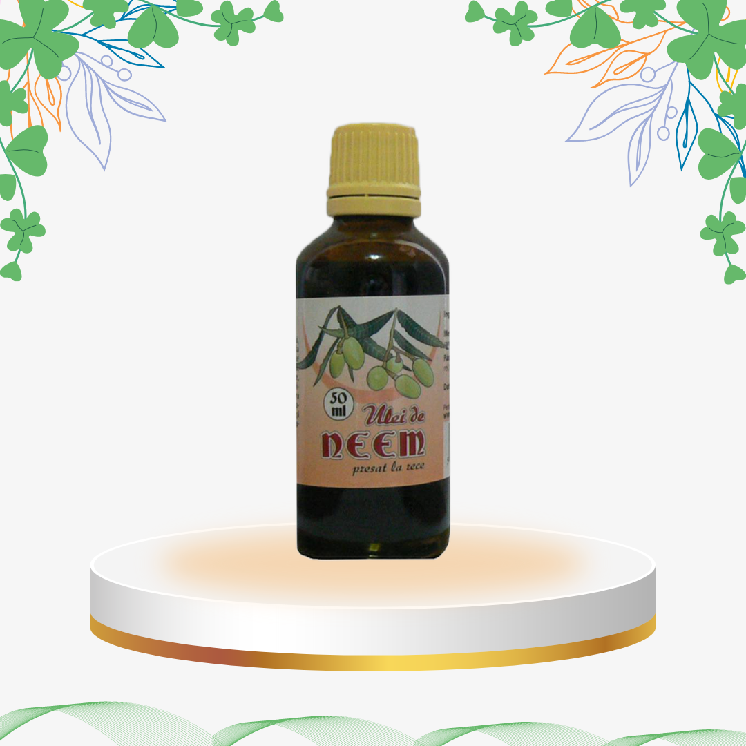 Ulei de Neem 100% pur (Melia Azadirachta) cu proprietăți antifungice și antibacteriene, ideal pentru tratarea acneei, psoriazisului și regenerarea firului de păr.
