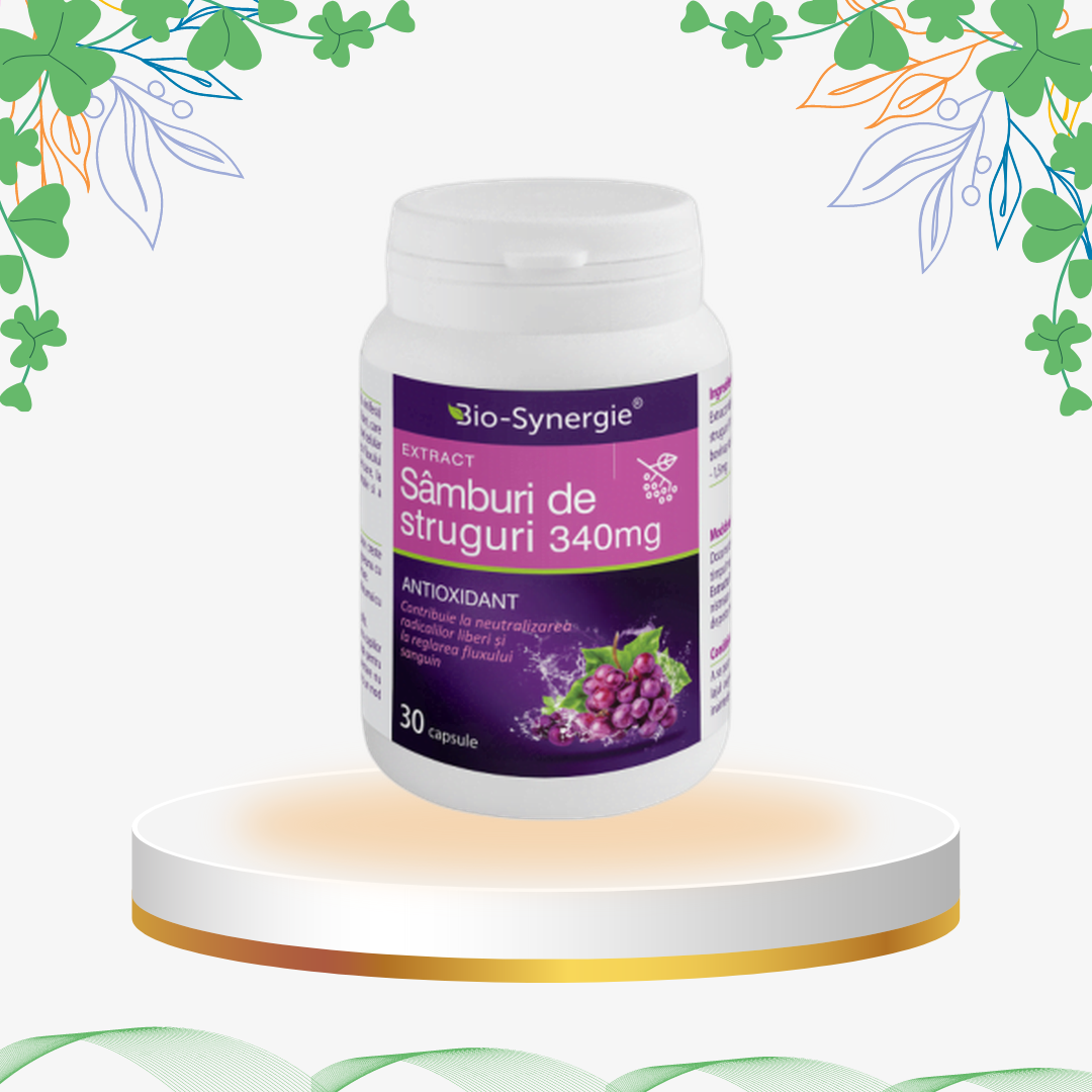 Supliment alimentar cu extract de sâmburi de struguri (Vitis vinifera), 340mg per capsulă, ideal pentru protecție antioxidantă și sănătatea sistemului circulator.