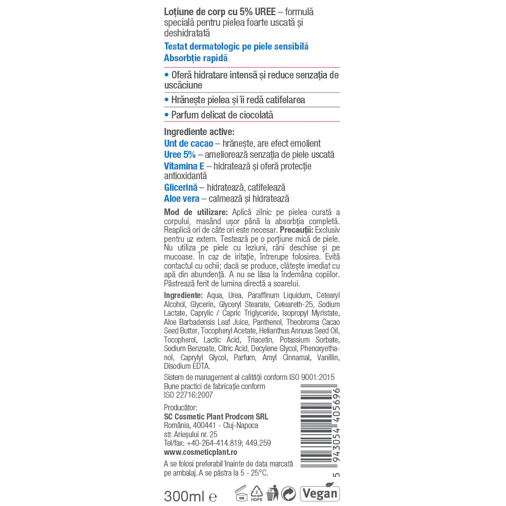 Eticheta loțiune de corp cu 5% Uree și unt de cacao pentru piele foarte uscată, cu vitamina E și aloe vera, parfum de ciocolată, 200ml.