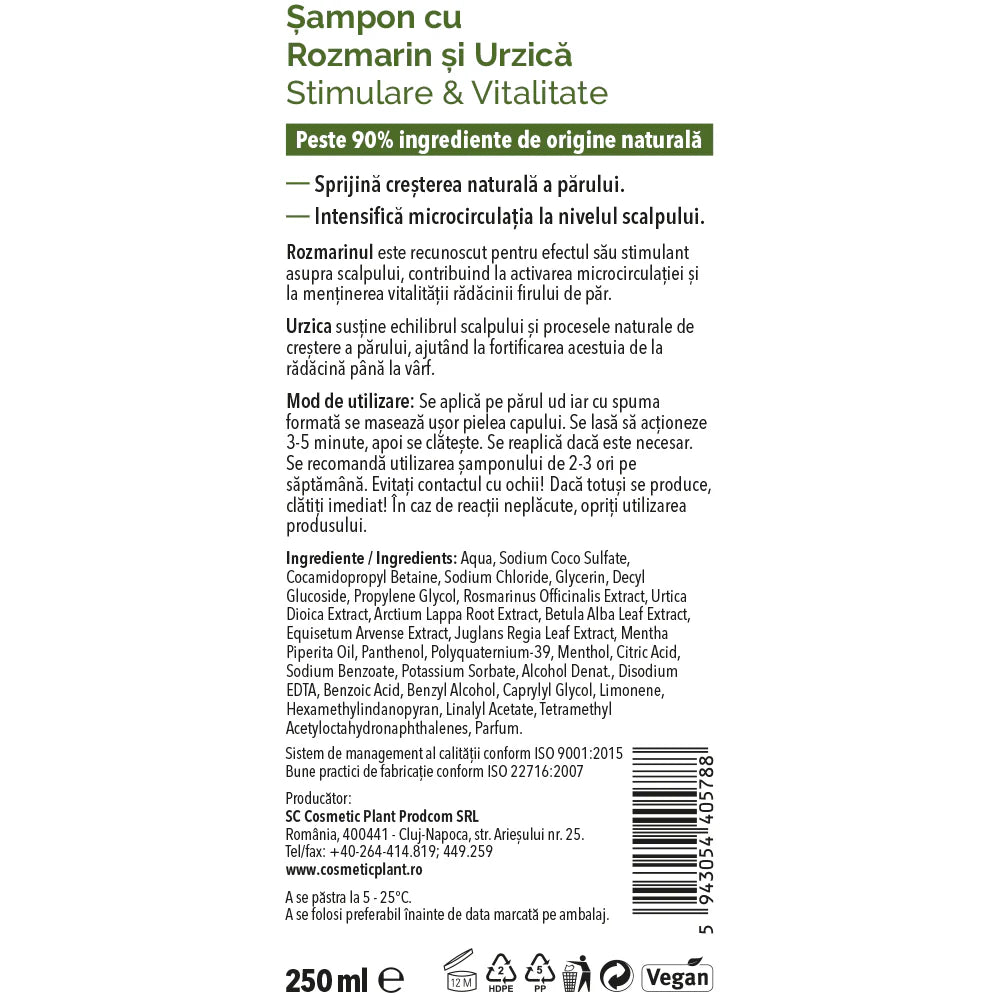Eticheta sampon cu rozmarin și urzică pentru stimularea creșterii părului, fără siliconi sau SLES, ideal pentru fortificarea rădăcinii și activarea microcirculației scalpului.