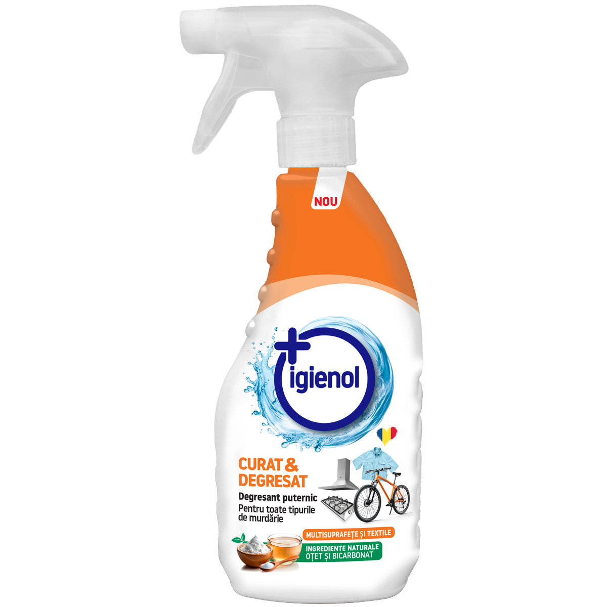 Spray de curățare Igienol Curat & Degresat cu oțet și bicarbonat, formulă puternică cu ingrediente naturale pentru îndepărtarea grăsimilor și murdăriei din bucătărie.