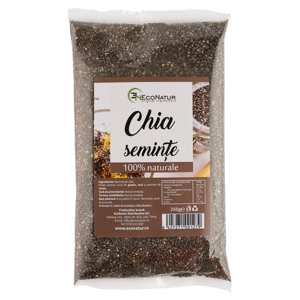 Semințe de chia bogate în fibre, omega-3 și proteine, super-aliment natural cu aminoacizi și antioxidanți, ideale pentru iaurt sau budinci.