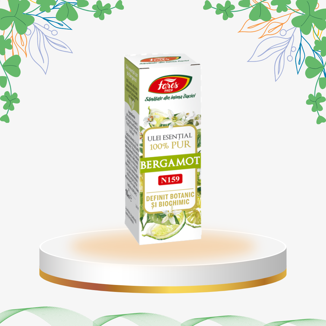 Ulei esențial pur de Bergamot obținut prin presare la rece, ideal pentru aromaterapie, masaj relaxant și reducerea stresului.