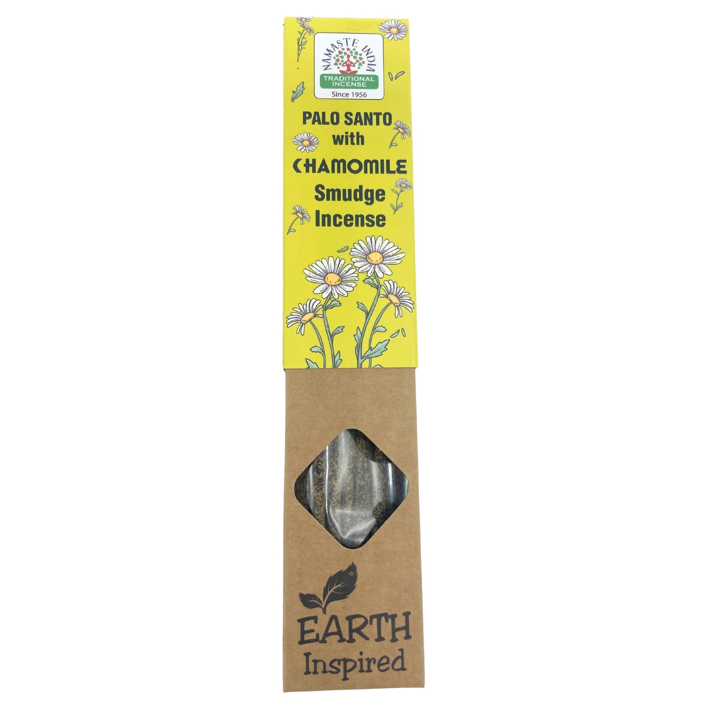 Bețișoare parfumate Namaste India Earth Inspired cu Palo Santo și mușețel, realizate manual din ingrediente naturale.