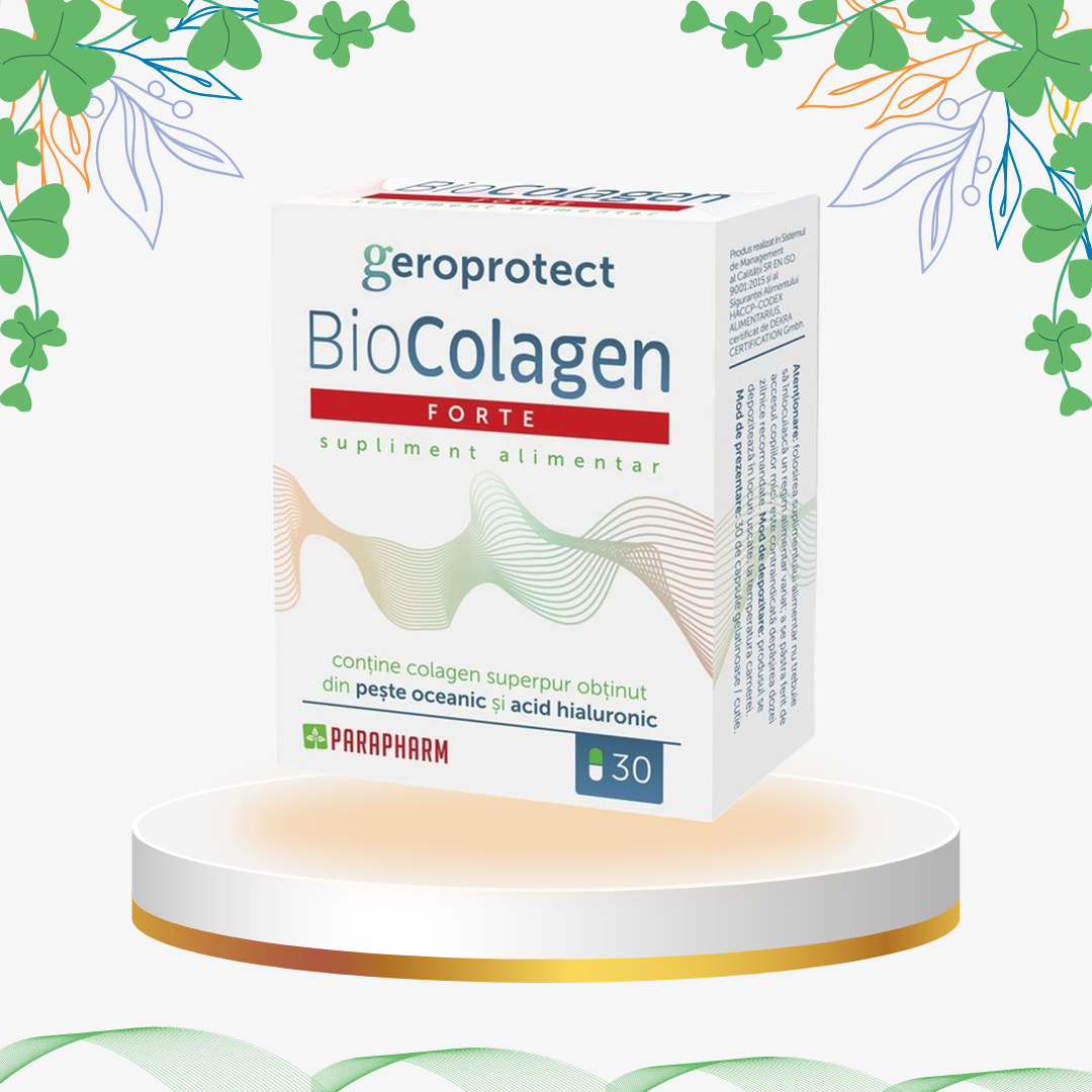 Supliment Biocolagen Forte cu colagen superpur din pește oceanic și acid hialuronic, formulă creată pentru refacerea elasticității pielii, reducerea ridurilor și susținerea articulațiilor.