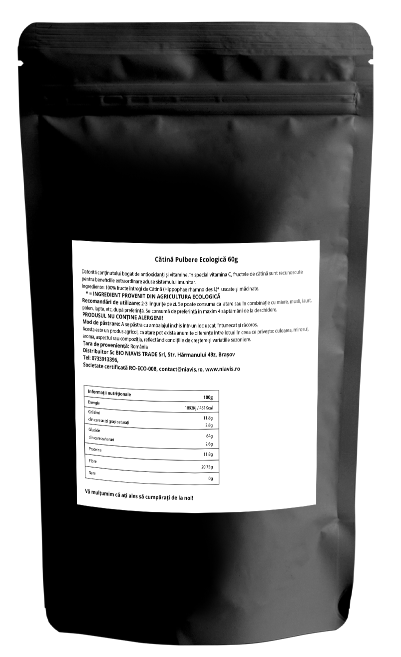 Pulbere de cătină ecologică Niavis, 100% naturală din România, bogată în vitamina C și antioxidanți.