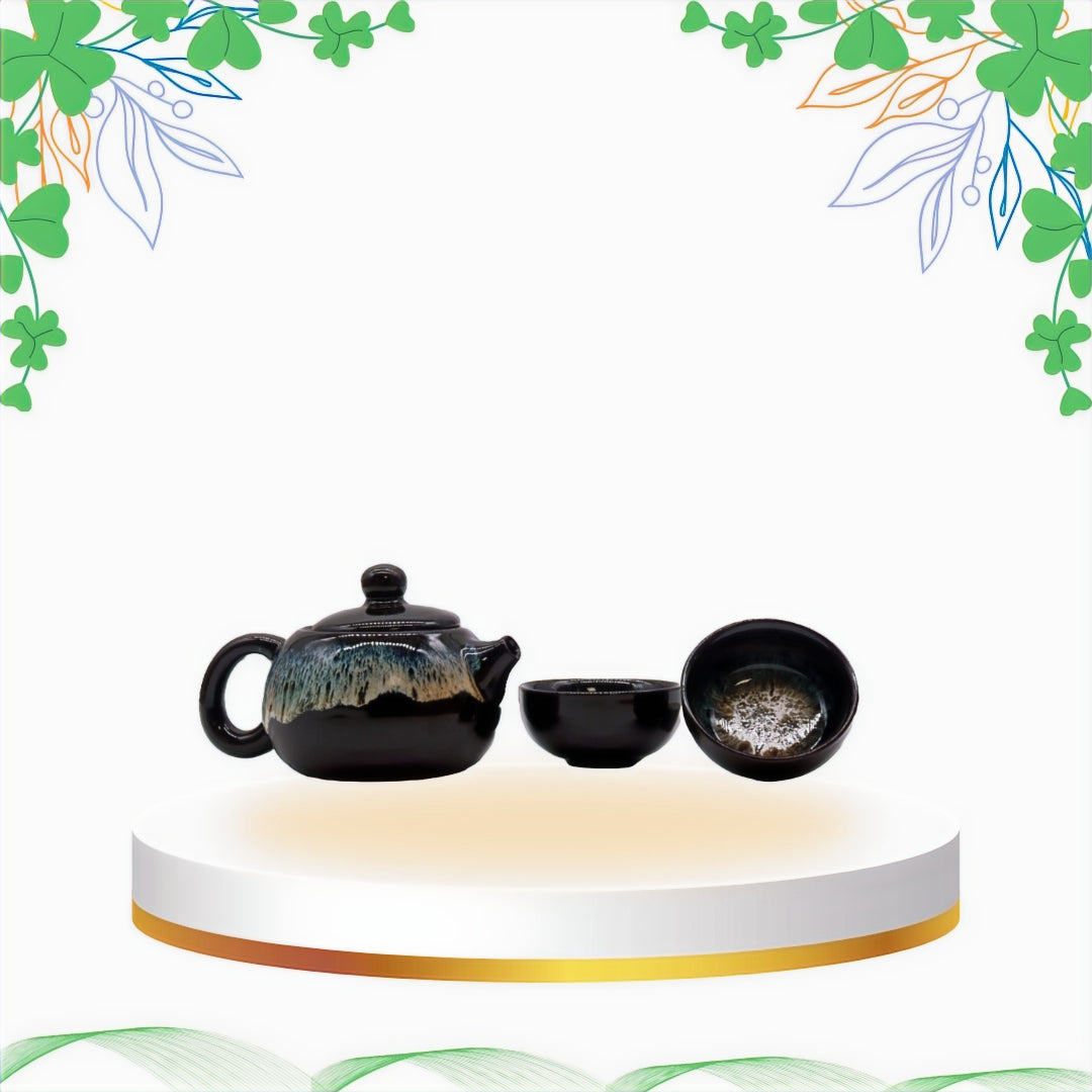 Set de Ceai cu Glazura Neagra - Ceainic si Doua Cesti