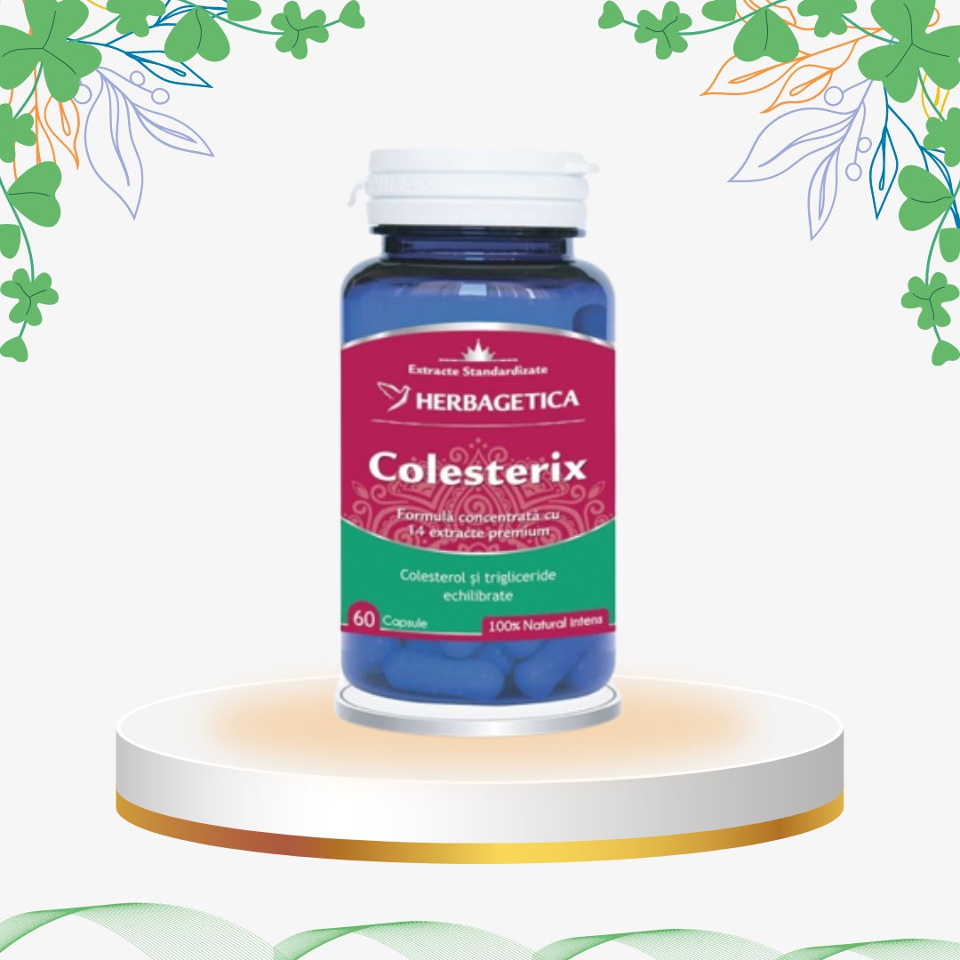 Supliment alimentar Colesterix de la Herbagetica, formulă avansată cu 14 extracte premium printre care brusture, anghinare, gugulipid și turmeric, creat pentru reducerea colesterolului și susținerea sănătății cardiovasculare.