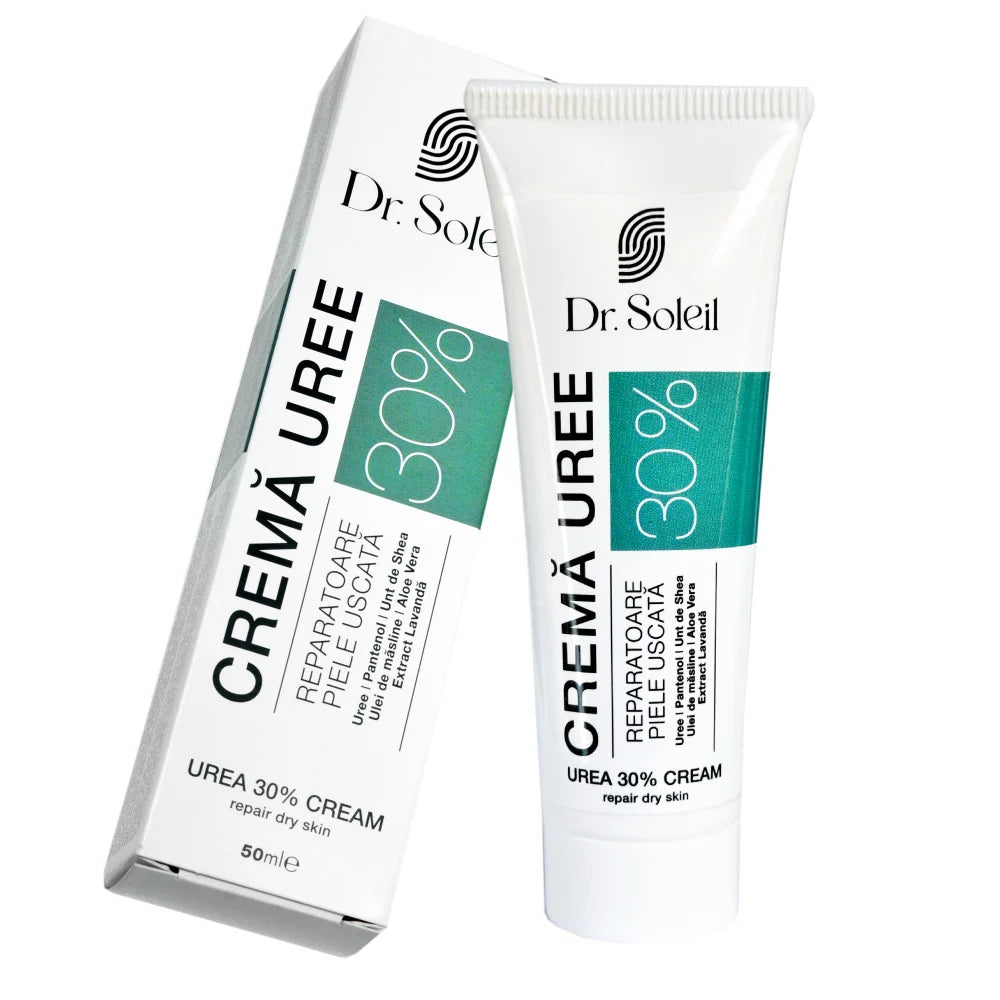 Cremă cu Uree 30% Dr. Soleil, formulă reparatoare cu unt de shea, pantenol și aloe vera pentru piele foarte uscată, bătături și zone crăpate.
