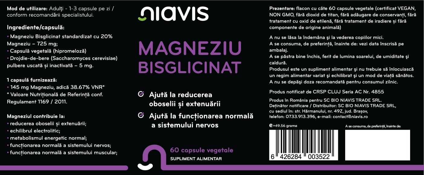 Eticheta supliment Magneziu Bisglicinat Niavis, capsule vegetale cu absorbție ridicată pentru relaxare musculară și sistem nervos.