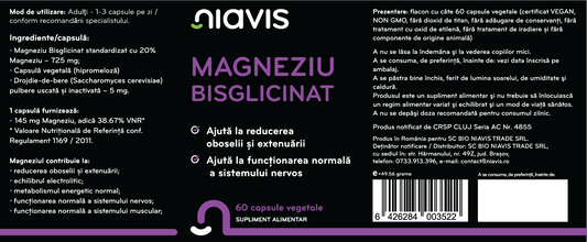 Eticheta supliment Magneziu Bisglicinat Niavis, capsule vegetale cu absorbție ridicată pentru relaxare musculară și sistem nervos.